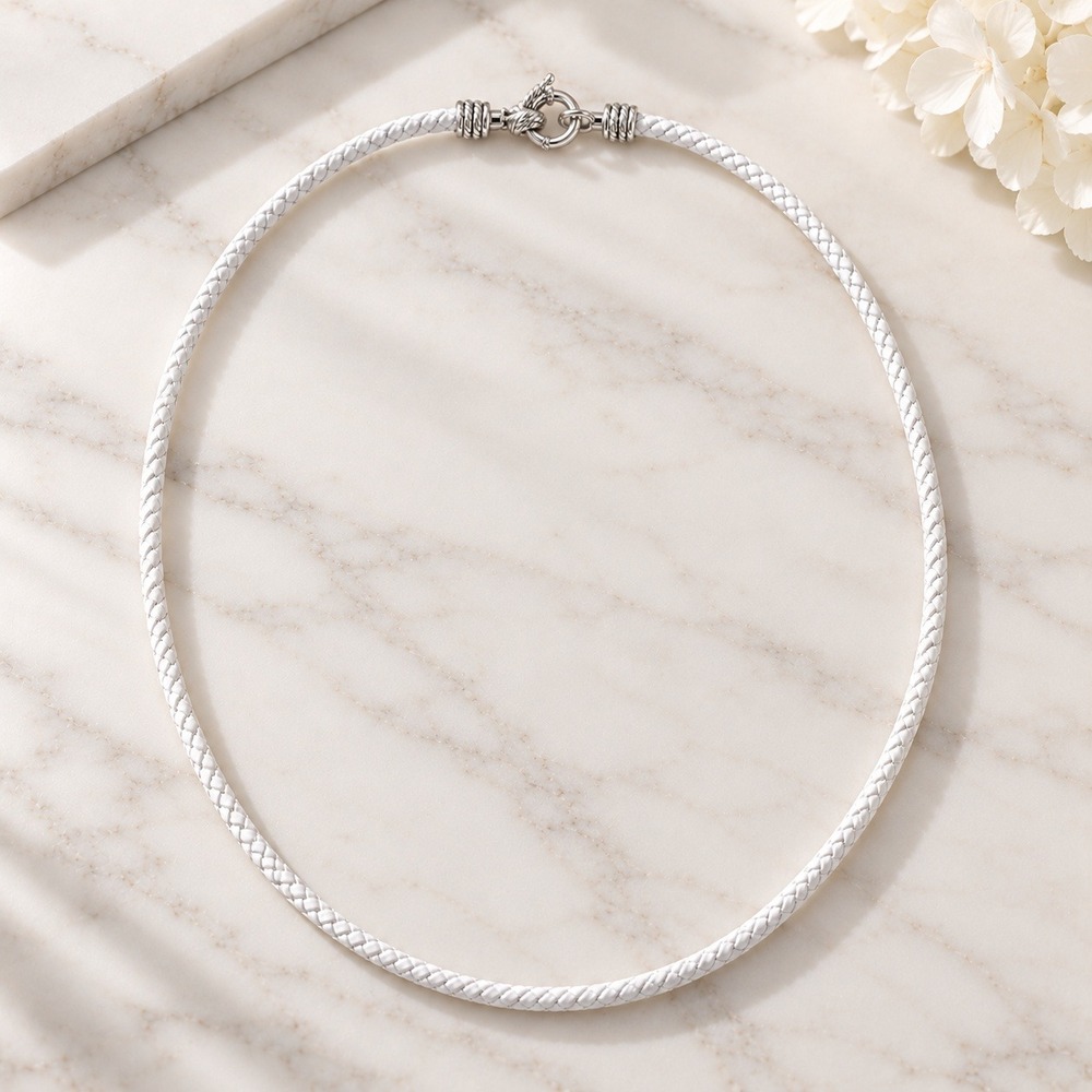 Jai Sterling Silver Braided Geniune Leather 28" Necklace / NWT / In White